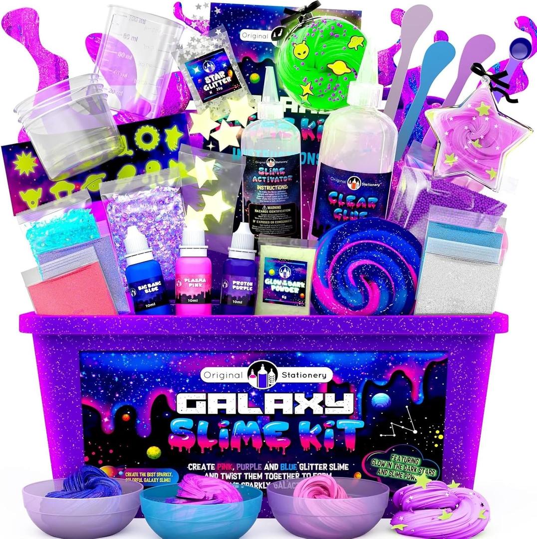 Original Stationery Galaxy Slime Kit for Kids Ages 8–12, DIY Space Slime Set with GlowinTheDark Stickers & Galactic Glitter, Fun Cosmic Craft for Creative Play, Easter Gift for Boys & Girls