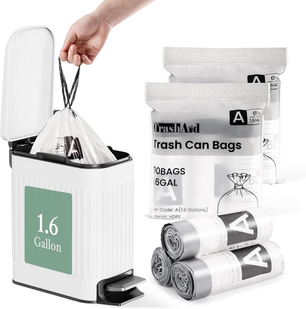 TrashAid 1.6 Gallon Small Trash Bags, 90pcs Mini Bathroom Garbage Bags, 6 Liter Waste Basket Liners for Bathroom, Office, Fit 0.8-1.6 Gal, White, Code A