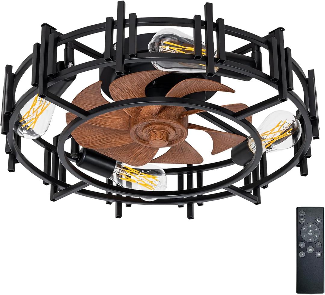20'' Modern Black Caged Ceiling Fans Low Profile Ceiling Fans with Lights and Remote,Timer,6 Speeds Quiet Reversible Dc Motor for Bedroom,Kitchen,Indoor