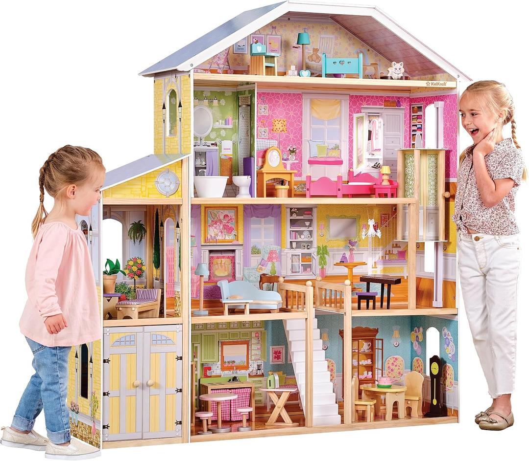 KidKraft Majestic Mansion Wooden Dollhouse with 34-Piece Accessories, Working Elevator and Garage, Gift for Ages 3+, 12" tall