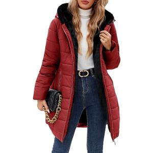 Uikue Women's Puffer Coat Winter Long Quilted Jacket Zip Up Fleece Lined Down Jacket Windproof Warm Thicken Hooded Parka Coat (X-Large, Wine Red)