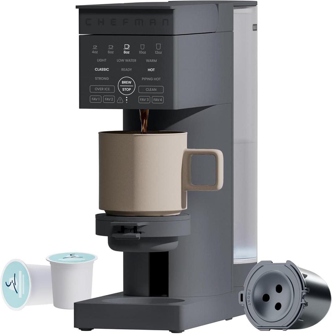 Chefman Caffeinator Single Serve Coffee Maker, Brew Pods & Grounds, Programmable Drip Coffee Machine with Brew Strength Settings, Iced Coffee Function, 48 oz. Removable Water Reservoir - Midnight