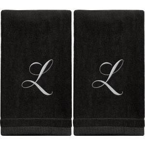 Monogrammed Towels Fingertip, Personalized Gift, 11 x 18 Inches - Set of 2 White Embroidered Towel - Extra Absorbent 100% Cotton - Soft Velour Finish - For Bathroom/ Kitchen/ Spa - Initial L (Black)