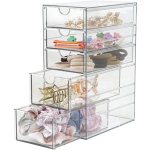 Plastic Drawer Storage with 5 Different Sizes Drawers, Clear Light Gray Hair Accessories Organizer, Transparent Dresser Bathroom Organizer