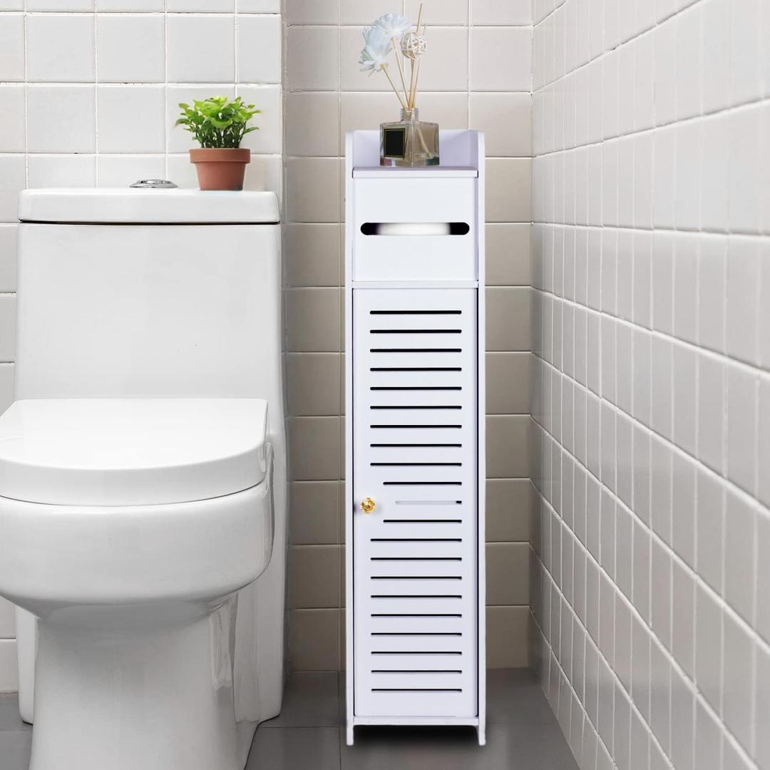 ShellKingdom Toilet Paper Holder Stand, Small Bathroom Storage Cabinet with Doors and Toilet Paper Storage, Slim Storage Cabinet for Bathroom Small Spaces Corner, 31.3 x 6.69 x 6.69 inch (White)