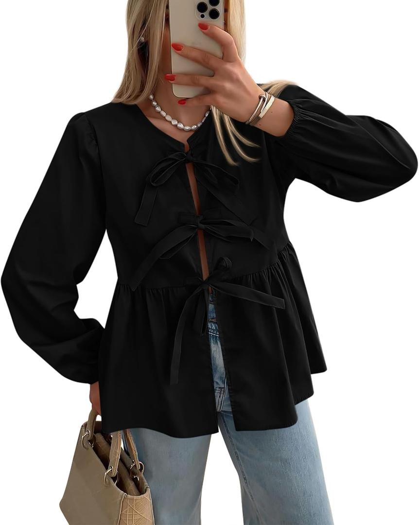 PRETTYGARDEN Women's Spring Fall Babydoll Peplum Blouse Shirt Puff Long Sleeve Bow Tie Front Trendy Cute Y2K Going Out Tops (Black, L)