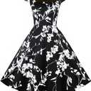 PUKAVT Women's Cocktail Party Dress Cap Sleeve 1950 Retro Swing Dress with Pockets (Large, Z-black Flower)