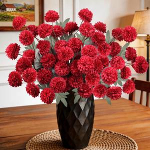 INQCMY Artificial Flowers 12pcs Ball Chrysanthemums for Weddings Silk with Stemsdiy Champagne Bouquets Indoor and Outdoor Decoration Kitchen Table Decor (Red)