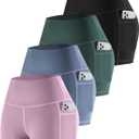 CHRLEISURE Womens Biker Yoga Shorts with Pockets: High Waisted Tummy Control Spandex Workout Athletic Gym Shorts 4 Packs (Medium, 4 Packs - Black/Lilac Pink/Steel Blue/Teal)