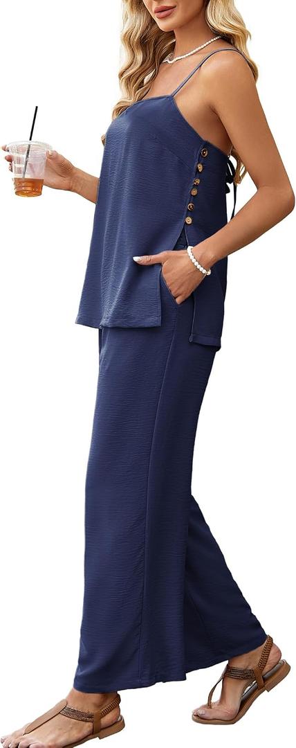 Kikibell Women 2 Piece Outfits Summer Travel Beach Vacation Faux Linen Sets Spaghetti Strap Tank Top Pants Set with Pockets, M