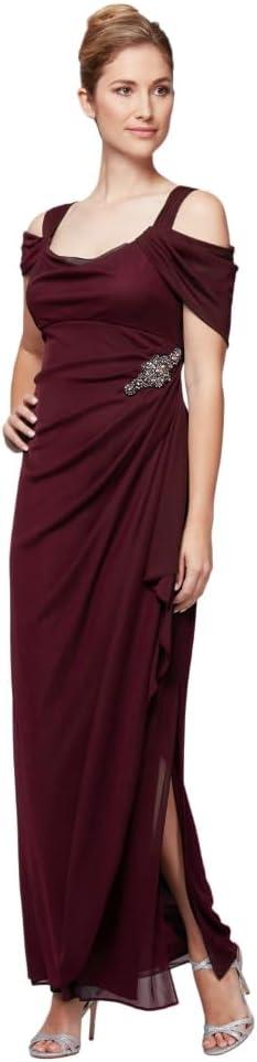 Alex Evenings Women's Long Cold Shoulder Mother of the Bride Dress with Beaded Detail at Hip, (Petite and Regular Sizes), Beaded Wine, 10