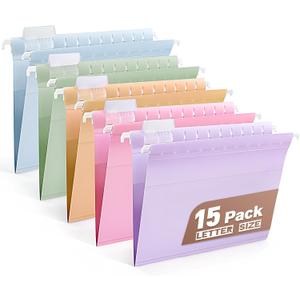 Plastic Hanging File Folders Letter Size, Colored Hanging File Folders with Tabs, Durable Waterproof Plastic Hanging Folders for Filing Cabinets, Office, School & Home Organization (15, Pastel)