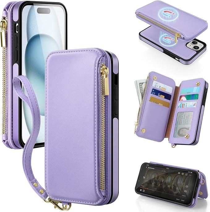 Antsturdy 2 in 1 Detachable for iPhone 15 Plus Wallet case with Magsafe,RFID Blocking Magnetic Wireless Charging PU Leather Phone case Flip Folio Cover Card Holder Wrist Strap Women Men,Light Purple