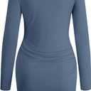 AUXDIO Women Bodycon Long Sleeve Dresses Casual V Neck Ruched Wrap 2026 Spring Fall Party Club Mini Dress (Blue, XL)