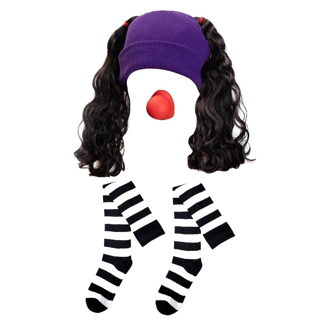Women's Clown Costume Accessories Set With Purple Hat Wig Black And White Stripes Socks Clown Nose for Halloween Cosplay Party (Purple) (Loonette)