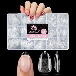 UNA GELLA Short Almond Nail Tips 15 Sizes 300PCS Pre-Etched Soft Gel Clear Nail Tips Easy DIY Salon Short Almond Press On Nails Snug Fit Acrylic Fake Tips Extensions Long-Lasting Hold