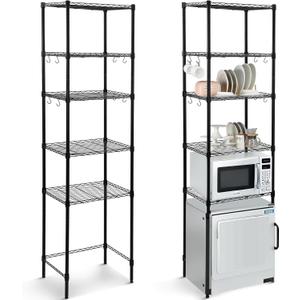 Huwena 5 Tier Mini Fridge Shelf Microwave Stand Heavy-Duty Adjustable Over Fridge Shelf Storage Rack, 8 Hook 25 Tube Heavy-Duty Stable Multilayer Metal Shelving Organizer for Dorm Apartment Kitchen