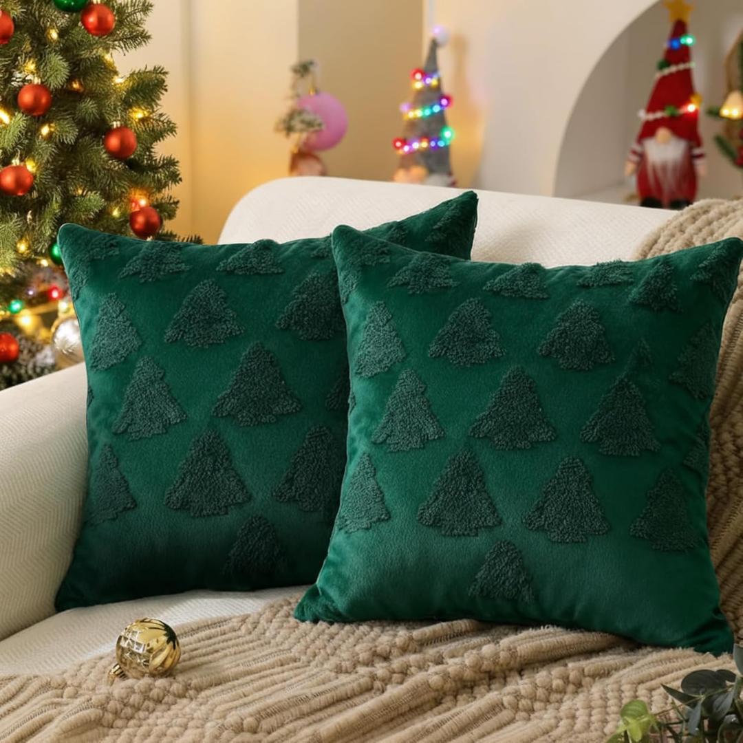 Christmas Tree Throw Pillow Covers 18x18 Inch Double-Sided Embroidered Decorative Throw Pillow Case Christmas Green Decorations for Winter Holiday Xmas Fir Tree for Home Sofa Couch Room Decor