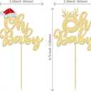 2 x 24Pcs Christmas Oh Baby Cupcake Toppers Gold Glitter Christmas Santa Hat Deer Babyshower Cupcake Picks Baby Shower Christmas Theme Birthday Party Cake Decorations Supplies