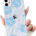NITITOP Compatible with iPhone 11 Case Cute Clear Aesthetic Floral Flower Hibiscus Pattern for Girls Women Soft TPU Full Camera Lens Shockproof Protective Phone Cover - Blue