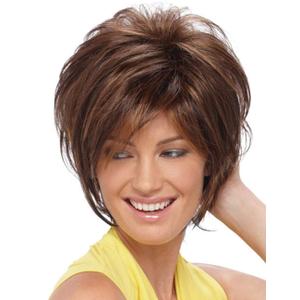 RENERSHOW Short Mixed Brown Highlight Wigs for White Women Shaggy Layered Brunette Pixie Cut Wig with Bangs Synthetic Red Brown with blonde Hair Wig