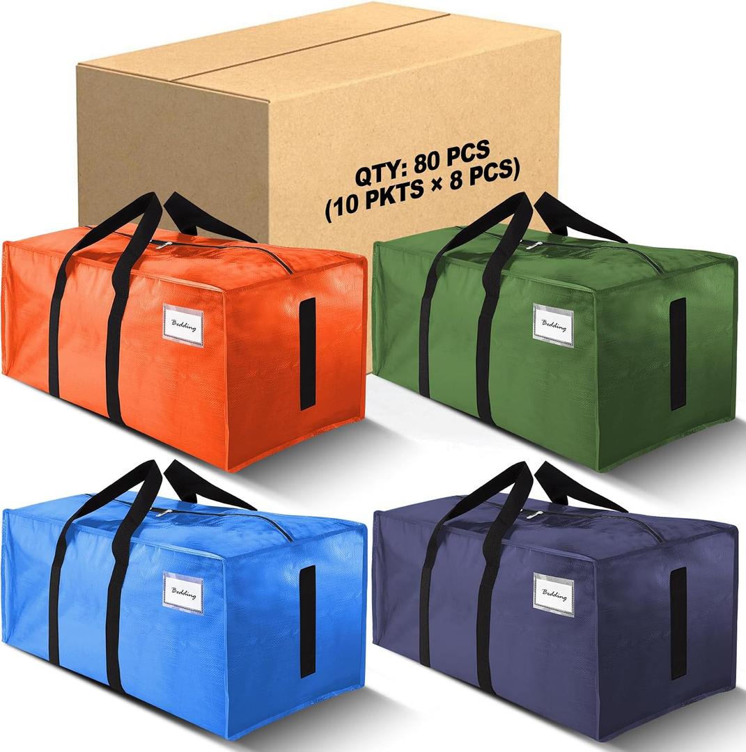 80 Pack Large Strong Moving Bags with Zippers & Carrying Handles - Water-Resistant - Heavy Duty Storage Tote for Space Saving, Fold Flat, Alternative to Moving Box (Multicolored)