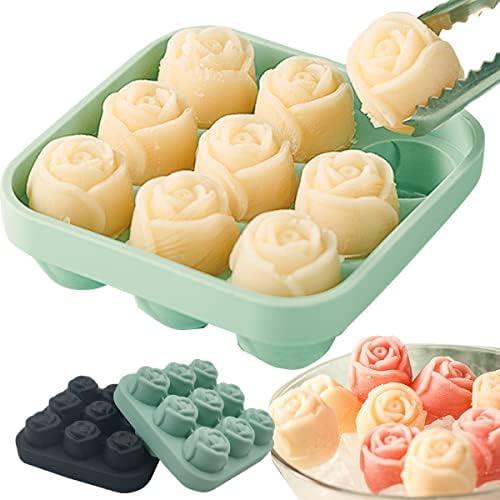 Ice Cube Tray Silicone 3D Rose Ice Mold, Ice Cube Molds for Freezer with Lid and Funnel, Easy Release Silicone Mold 9 Rose Flower Shaped Ice Cubes, Suitable for Whiskey Cocktails and Fruit Drinks, 3 Pack