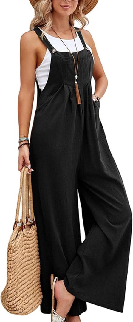 Zontroldy Bib Overalls Women Cotton Loose Summer Wide Leg Pants Jumpsuit Rompers for Women (Large, Black)