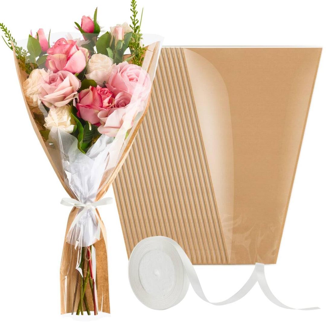 Mauproy 50 Pack Flower Bags for Bouquets, Flower Wrapping Paper Kraft Floral Wrap Sleeves with Ribbons for Mother's Day Florist Supplies Wedding (22 x 14.2 Inches)