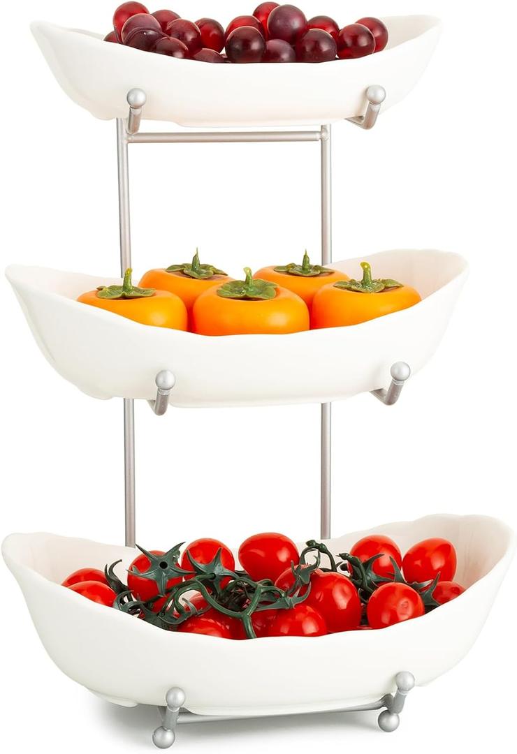 Fruit Bowl for Kitchen Counter, 3 Tier Ceramic Serving Bowls with Metal Stand, Tiered Fruit Basket for Fruit Vegetable Storage, Snack, Bread Candy, Nuts, Cake, Dessert (White)