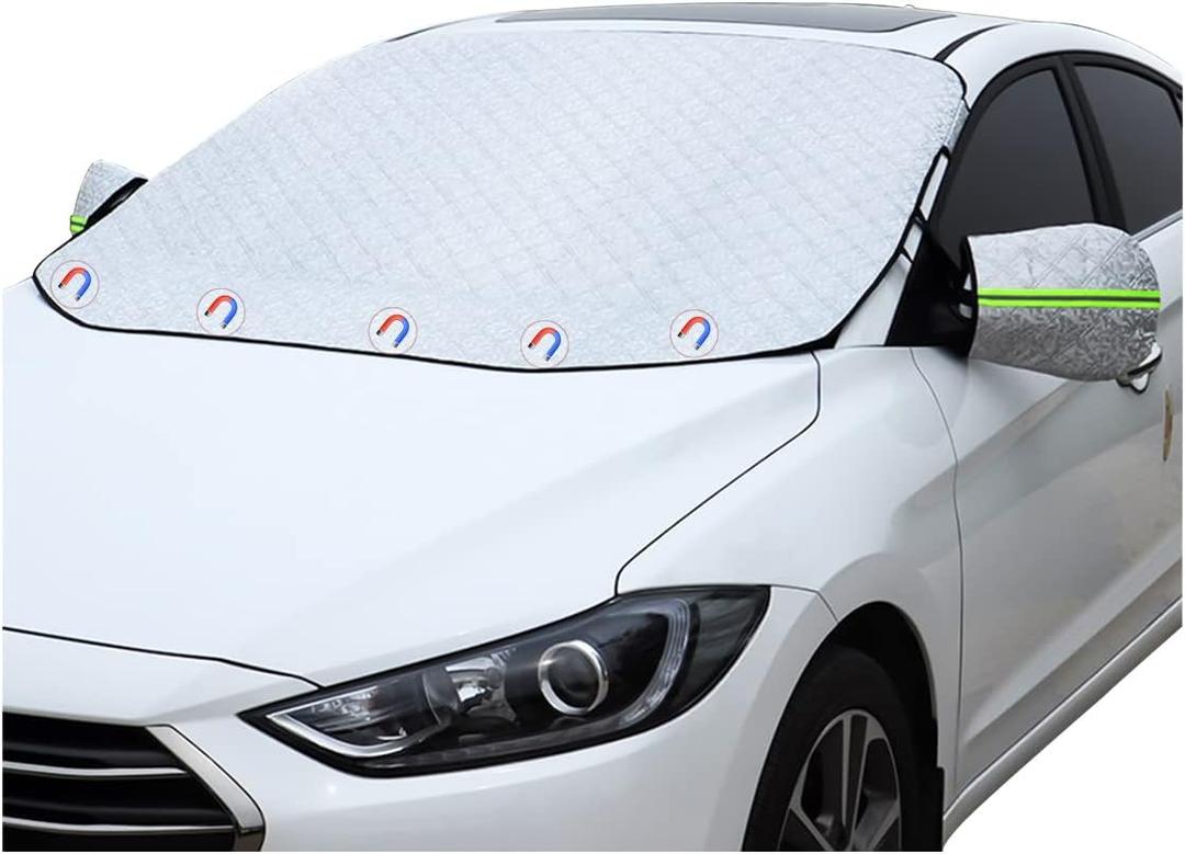 Car Windshield Snow Cover with 4 Layers Windproof Protection Defense Frost Sunlight, All Weather Winter & Summer Front Window Automotive Covers Sun & Snow-Shade for Most Cars Trucks Vans and SUVs