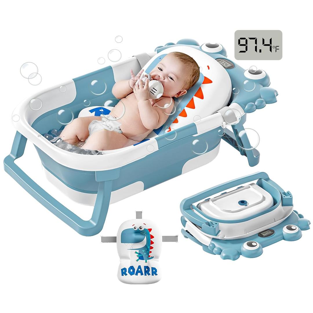 Collapsible Baby Bathtub for Newborns to Toddler with Real-time Temp Monitor & Floating Cushion, Portable Travel Tub for 0-36 Month, Foldable Baby Bath Tub for Infants Boy (Light Blue)