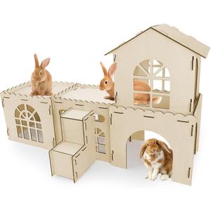 Extra Large Wooden Bunny Castle, Ventilated Rabbit Castle Hideaway with Stairs, Detachable Small Animal Hideout & Habitats for Indoor Outdoor Dwarf Rabbits Bunnies to Hide & Play