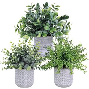 Set of 3 Assorted Small Potted Plants Fake Eucalyptus and Rosemary Plants in Gray Geometric Concrete Ceramic Pots for Gifts Home Kitchen Office Shelf Table Desk Modern Indoor Outdoor Greenery Decor
