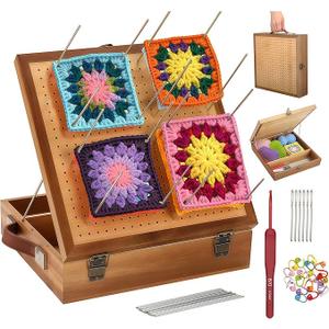 BROWNKNOT 11.4'' Crochet Blocking Board with Storage Drawer & Pegs, Grammy Square Bamboo Blocking Boards for Crochet Projects, Crocheting Accessories Gifts for Grandmothers, Crocheters