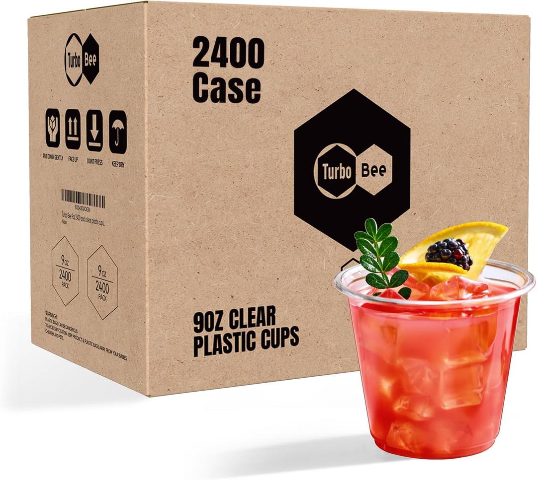 Turbo Bee 2400 Pack 9 OZ Clear Plastic Cups Bulk, 9 Ounce Disposable Water Cold Drinking Cups Tumblers For Party, Thanksgiving, Halloween, Christmas, and Events (2400pack-9oz)