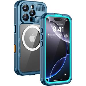 Lanhiem Magnetic for iPhone 16 Pro Case, IP68 Waterproof Dustproof Case, [Compatible with Magsafe] [Built-in Screen Protector] Full Body Heavy Duty Rugged Phone Cover 6.3 inch, Blue/Clear