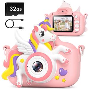 Kids Camera Toys Digital Camera for Girls Boys, Christmas Birthday Gifts for Kids Age 3-12, Selfie 1080P HD Video Digital Camera for 3 4 5 6 7 8 9 10 Year Old Girls with 32GB TF Card (Pink-Unicorn)
