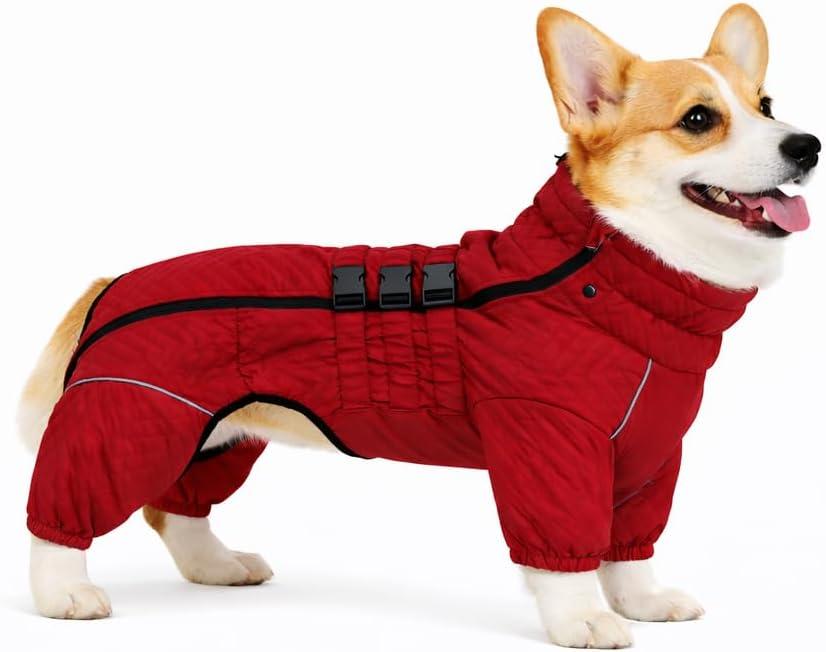 Warm Dog Coat Double Layers Dog Vest, 4 Legs Covered Windproof Waterproof Reflective Red, Size: D-S (Darchshund/Corgi Back 12")
