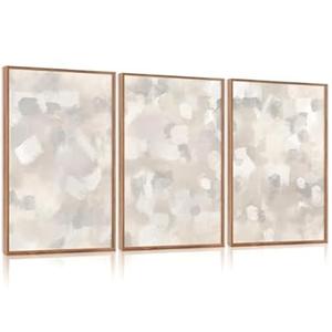 Aurlan Abstract Gray Beige White Pastel Wall Art Set(16"x24"), 3 Pieces Neutral Geometric Strokes Shapes Illustration Framed Canvas Artwork, Large Mid Century Modern Minimalist Wall Decor for Office Bedroom Living Room