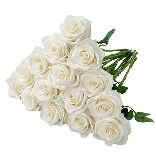 Carlita‘s Blooms 15pcs Ivory Roses Artificial Flowers Silk Fake Flowers Realistic White Roses Bouquet Long Stem for Wedding Home Party Birthday Decoration