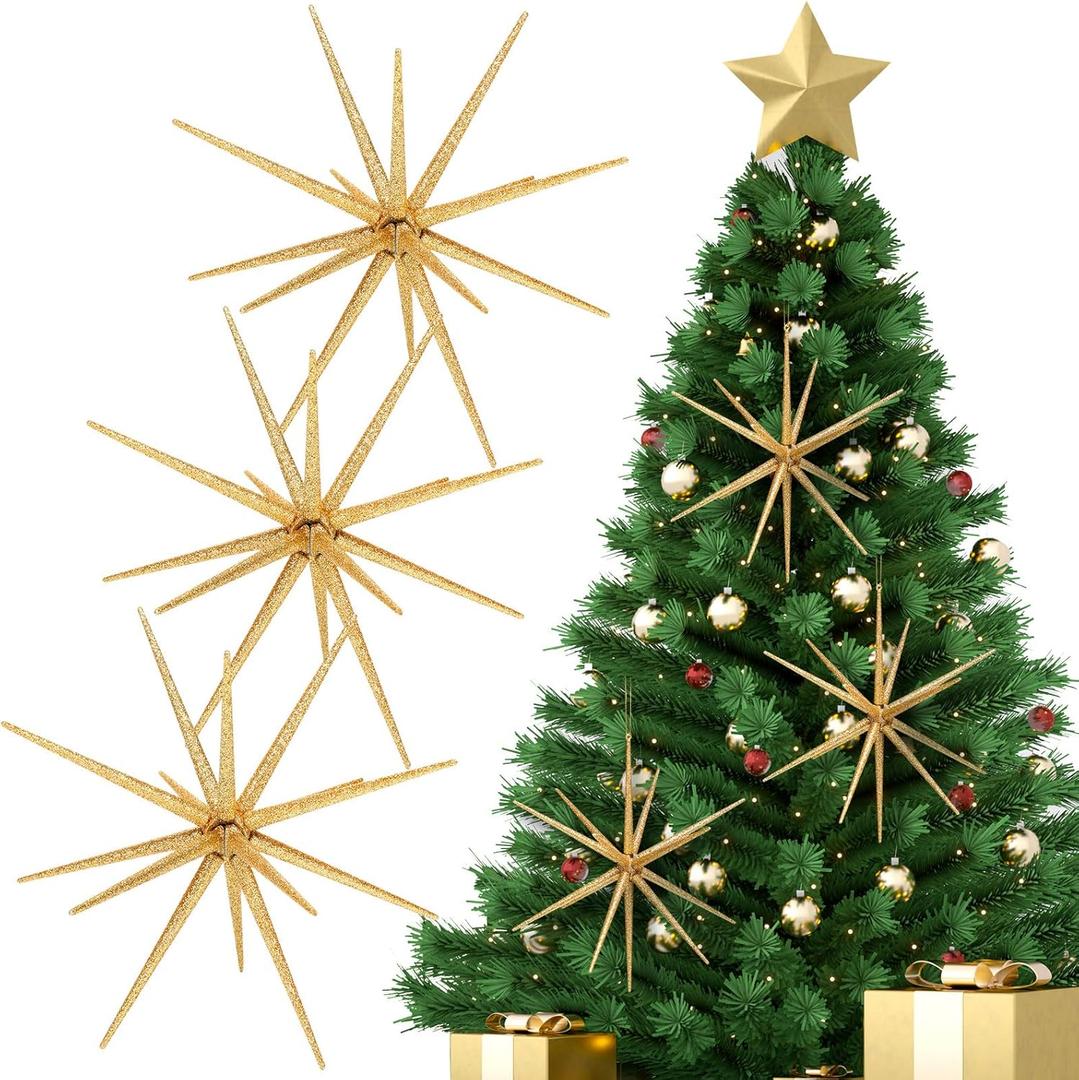 Syhood 6 Pcs Glitter Starburst Star New Year Ornaments 8 Inch Exploding Glitter Starburst Bethlehem Star Hanging Tree Ornaments Tabletop 3D Decor New Year Holiday Party(Gold,Classic)