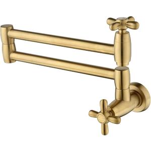 Pot Filler Faucet, Brushed Gold Kitchen Faucet Brass Wall Mounted Stretchable Folding Pot Fillers with Double Joint Swing Arm Single Hole 2 Cross Handles Extending Arm Stove Faucet, P82BG