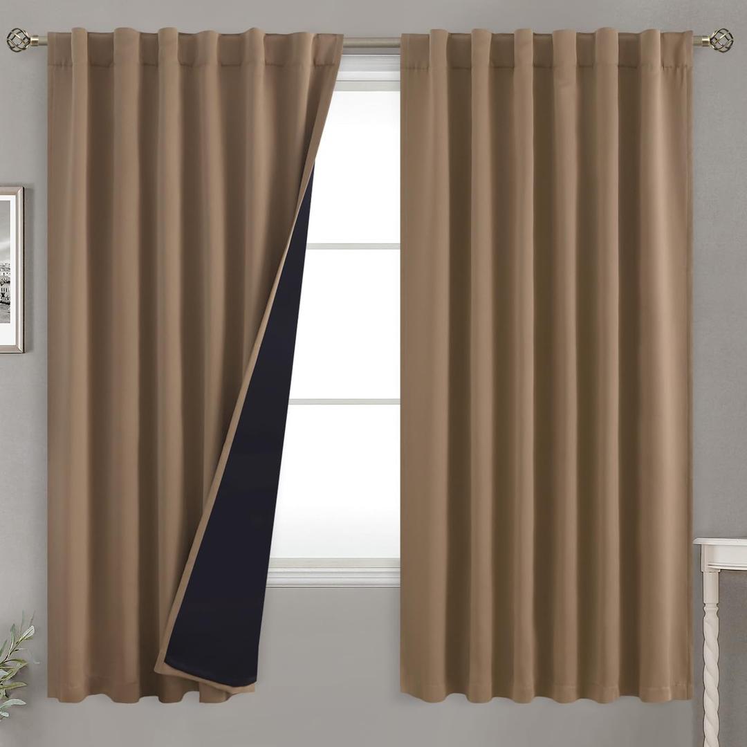BGment 100% Room Darkening Thermal Insulated Blackout Curtains 63 Inches Long with Liner, Rod Pocket and Back Tab Double Layer Noise Cancelling Curtains for Bedroom (52 x 63 Inch, 2 Panels, Taupe)