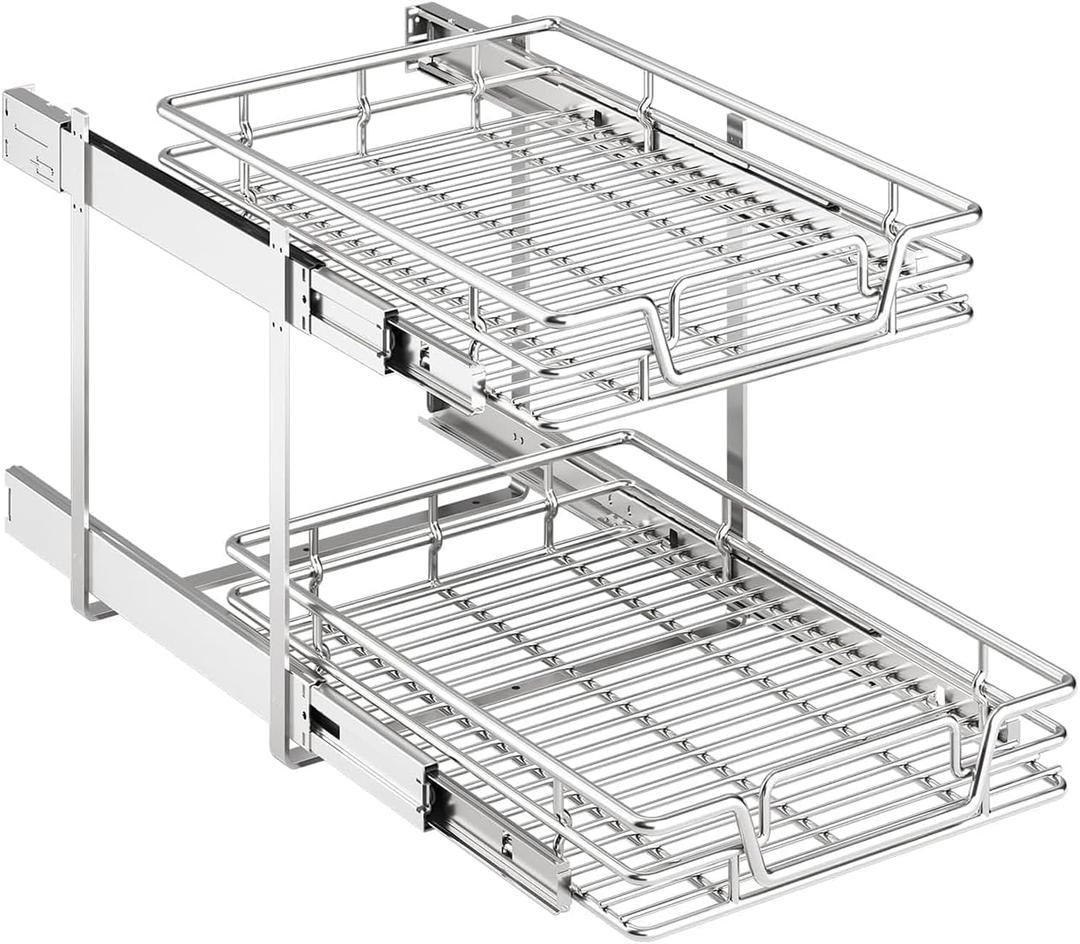 2-Tier Kitchen Cabinet Pull Out Shelf and Drawer Organizer Slide Out Pantry Storaqe Basket in Multiple Sizes (15" W x 21" D)