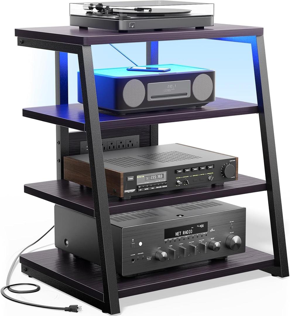 AV Media Stand with Outlets, Media Console with LED Lights, Stereo Racks and Stands with Storage Shelves, Media Audio Tower Cabinet, Black Enoby (23.6-in)
