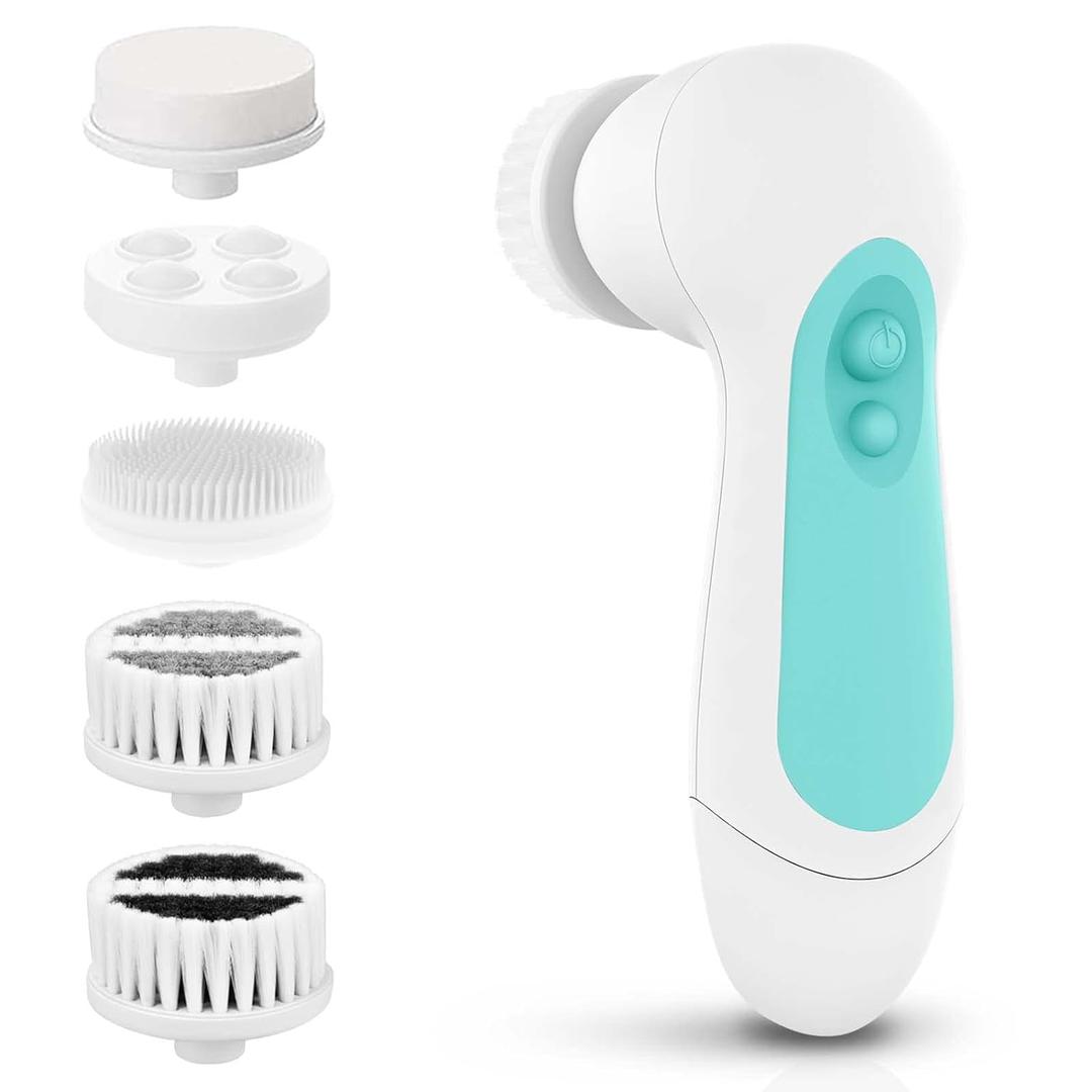 Waterproof Facial Cleansing Spin Brush Set with 5 Exfoliating Brush Heads - Electric Face Scrubber Cleanser Brush by CLSEVXY - Face Brush for Gentle Exfoliation and Deep Scrubbing (Cyan)