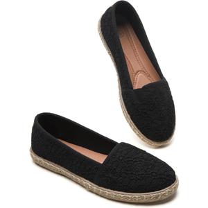 BABUDOG Women's Flats with Flower Embroideried,White Lace Ballet Flats,Comfortable Dress Flats (6, Black)