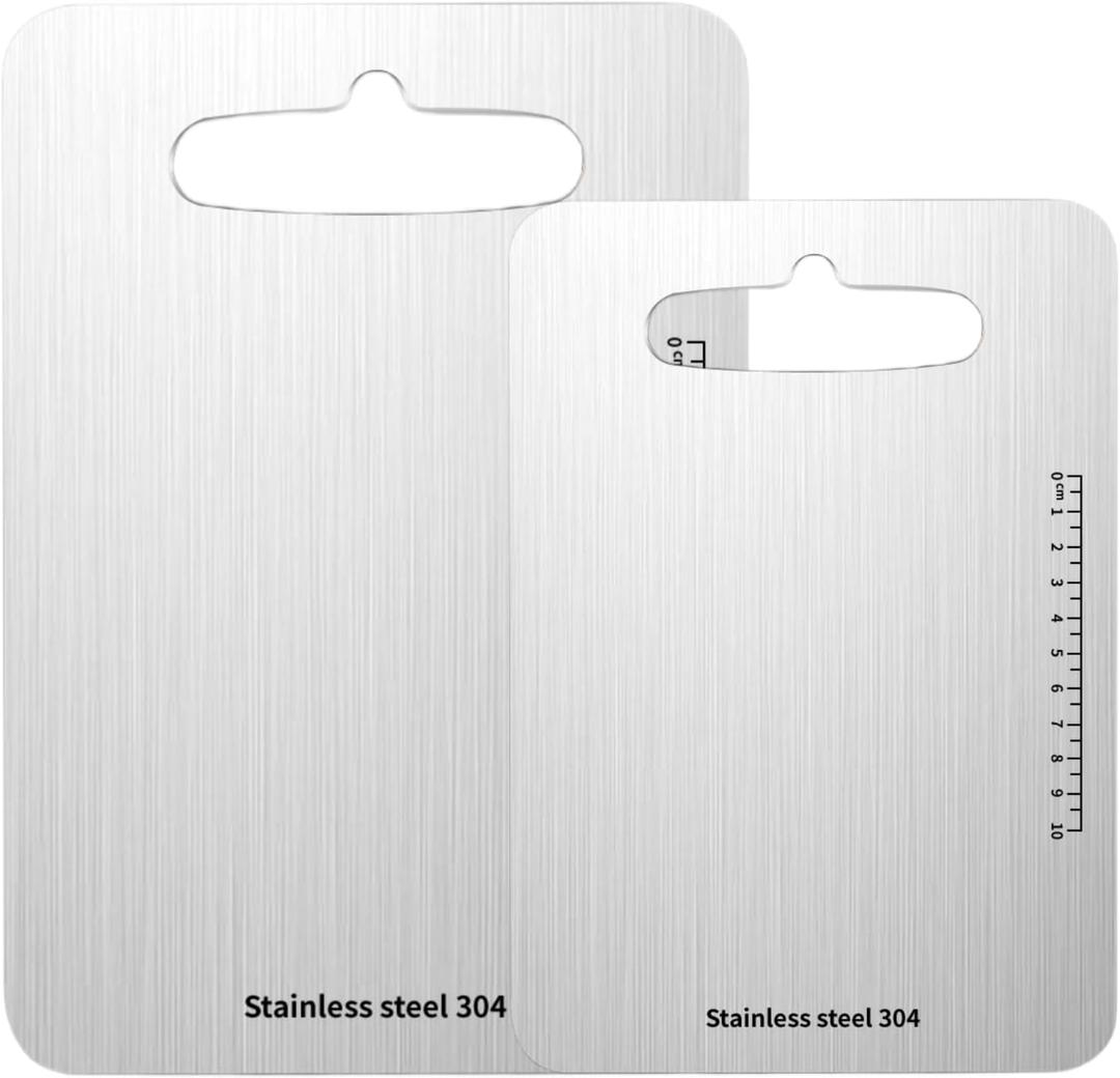 2Pcs 304 Stainless Steel Cutting Boards, 14" x 9.8" and 11.4" x7.9" 2 Pack Titanium Cutting Boards for Kitchen, Thickened Heavy Duty Steel Chopping Boards With Clear Scale for Kitchen