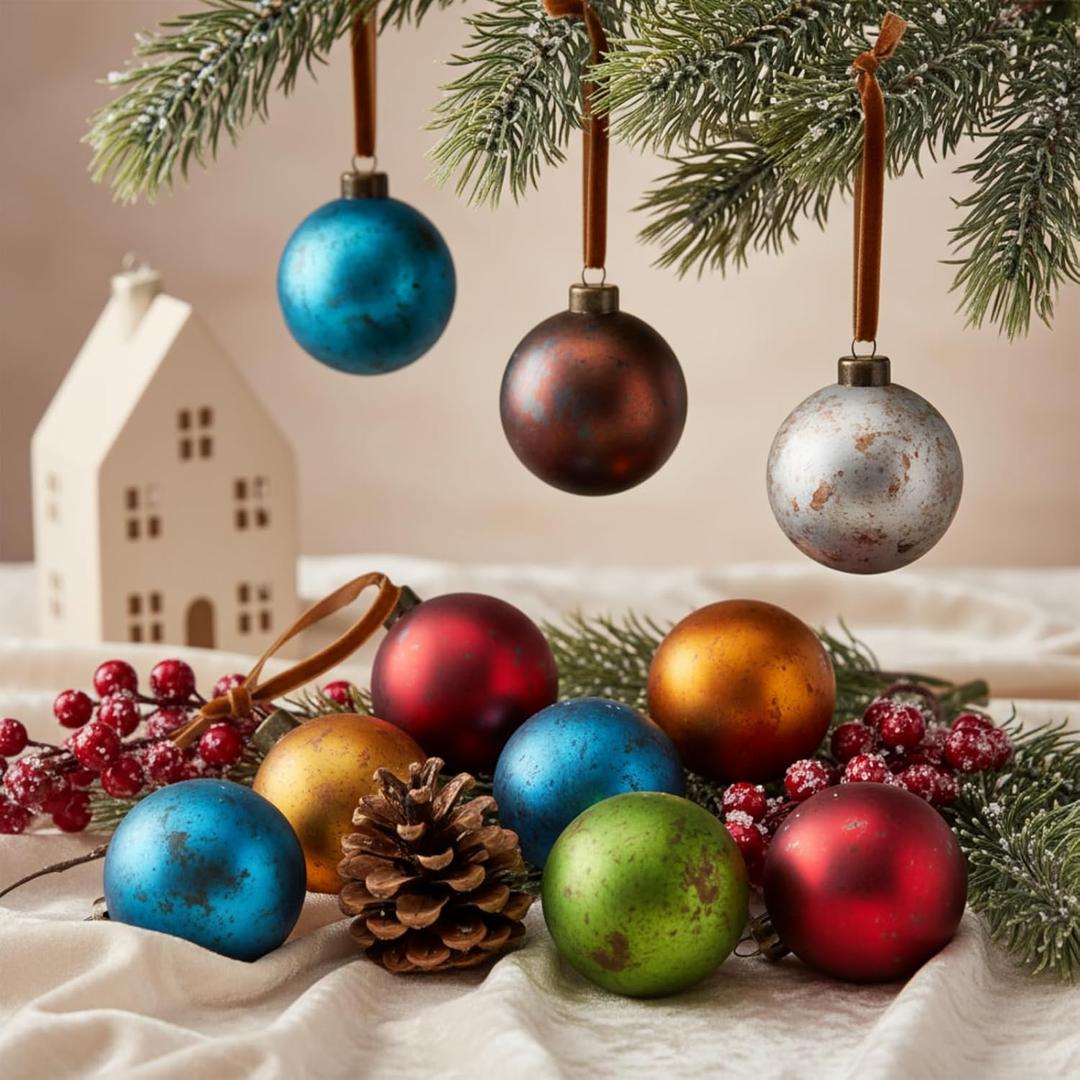 Suncalla 12 Pcs Vintage Rustic Christmas Ball Ornaments 3.15 Inch Farmhouse Distressed Christmas Tree Balls Retro Antique Copper Tone Xmas Hanging Decor for Holiday Winter Wedding Decoration